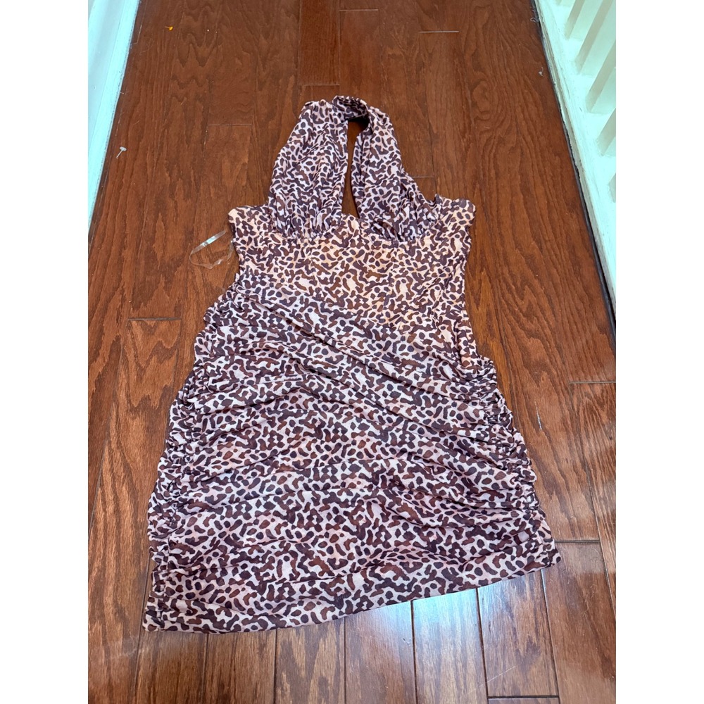 House‎ of CB London Leopard Mesh Ruched One Shoulder Mini Dress Brown L+